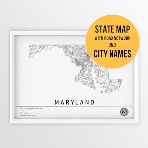 Carte imprimable du Maryland, aux États-Unis, avec les noms des villes et des routes - Téléchargement immédiat \ Carte de l'État \ Art de la carte \ Travel Planner \ Maryland Gift
