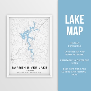 Mapa imprimible de Barren River Lake, Kentucky, EE. UU. - Descarga instantánea \ Mapa del lago \ Cartel de pesca \ Decoración de la casa del lago \ LakeLife \ Paseos en bote