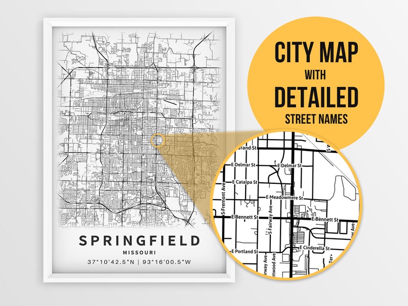 Printable Map of Springfield Missouri United States With Etsy