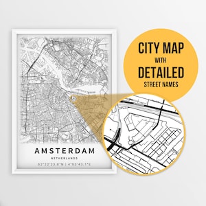 Afdrukbare kaart van Amsterdam, Nederland met straatnamen - Instant Download \ Stadsplattegrond \ Reiscadeau \ Stadsposter \ Routekaart afdrukken