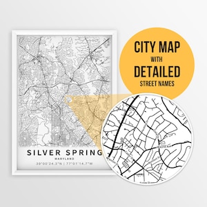 Silver Spring, Maryland, USA mit Strassennamen auf einer Landkarte - zum sofortigen Download
