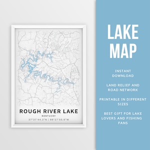 Mapa imprimible de Rough River Lake, Kentucky, EE. UU. - Descarga instantánea \ Mapa del lago \ Cartel del mapa \ Decoración de la casa del lago \ LakeLife \ Pesca \ Paseos en bote