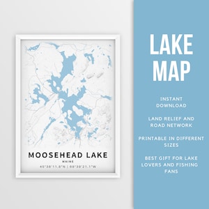 Mappa stampabile del lago Moosehead, Maine, Stati Uniti - Download istantaneo \ Mappa del lago \ Poster della mappa \ Arredamento della casa sul lago \ LakeLife \ Pesca \ Canottaggio