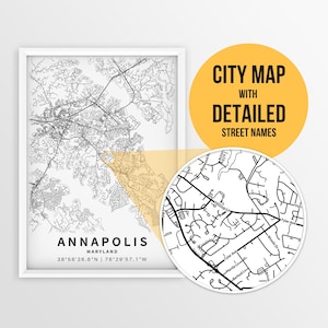 Druckbare Karte von Annapolis, Maryland, USA mit Straßennamen - zum sofort herunterladen - zum sofortigen Download