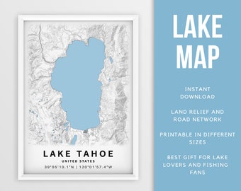 Printable Map of Lake Tahoe, California, US - Instant Download \ Lake Map \ Map Poster \ Lake House Decor \ LakeLife \ Fishing \ Boating