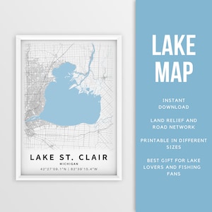 Mappa stampabile del lago St. Clair, Michigan, Stati Uniti - Download istantaneo \ Mappa del lago \ Poster della mappa \ Decorazione della casa sul lago \ LakeLife \ Pesca \ Canottaggio