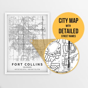 Mapa para impressão de Fort Collins, Colorado, EUA com nomes de ruas - download instantâneo \ Mapa da cidade \ Presente de viagem \ Cartaz da cidade \ Impressão de mapa de estradas