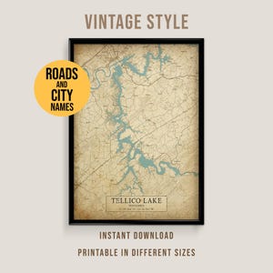 Mapa jeziora Tellico w stylu vintage, plakat z domem nad jeziorem w Tennessee do wydrukowania (do pobrania natychmiast)