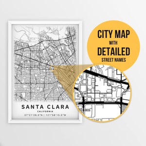 Printable Map of Santa Clara, California, USA with Street Names - Instant Download \ City Map \ Travel Gift \ City Poster \ Road Map Print