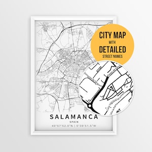Karta över Salamanca, Spanien med gatunamn, utskrivbar affisch över Salamanca (nedladdning direkt)