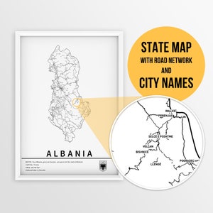 Mapa da Albânia para impressão com estradas e cidades - Download instantâneo \ Mapa do país \ Planejador de viagens \ Mapa \ Mapa de alfinetes