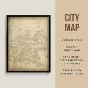 Printable Vintage Style Map of Mesa, Arizona, USA - Instant Download \ Street Map \ Wall Art \ Map Poster \ Antique Style \ Arizona Gift