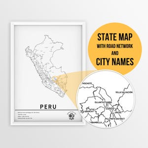 Carte imprimable du Pérou avec les noms des villes et des routes - téléchargement immédiat \ carte du pays \ impression de carte \ carte à épingles \ planificateur de voyage \ art mural