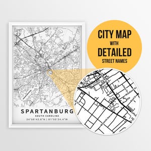 Mapa imprimível de Spartanburg, Carolina do Sul, EUA com nomes de ruas - Download instantâneo \ Mapa da cidade \ Presente de viagem \ Cartaz da cidade \ Mapa rodoviário