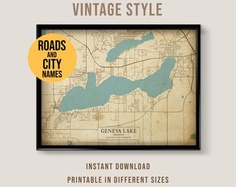 Geneva Lake Vintage Style Map, Printable Wisconsin Lake House Poster (Instant Download)