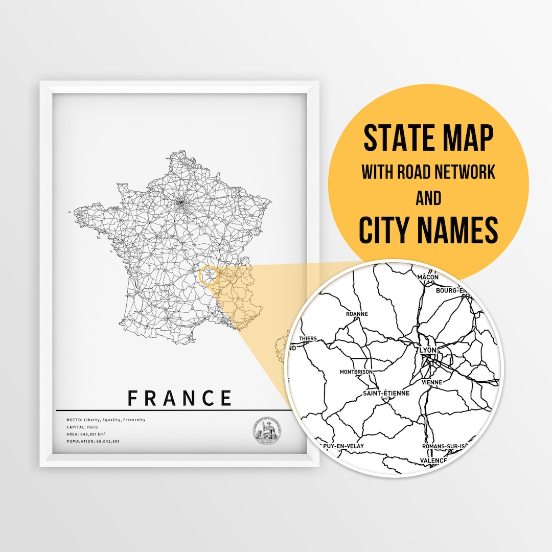 Printable Map of France With City Names and Roads Instant Download