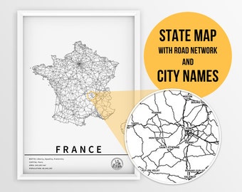 Printable Map of France with city names and roads - Instant Download \ Country Map \ Map Art \ Push Pin Map \ Travel Planner \ France Poster