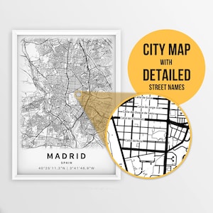 Carte imprimable de Madrid, Espagne avec les noms des rues - téléchargement immédiat \ plan de la ville \ cadeau de voyage \ affiche de la ville \ impression de carte routière \ plan des rues