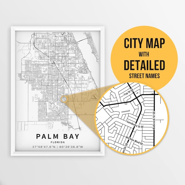 Printable Map of Palm Bay, Florida with Street Names - Instant Download \ City Map \ Travel Gift \ City Poster \ Road Map Print \ Wall Art