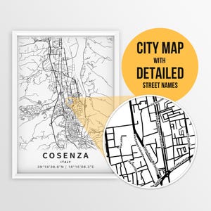 Druckbare Karte von Cosenza, Kalabrien, Italien mit Straßennamen - Sofort Download, Stadt Karte, Reise Geschenk, Stadt Poster, Straßen Karte Druck, Wand Kunst