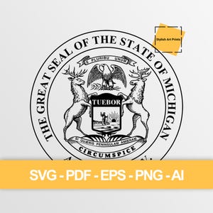 May include: A black and white graphic of the Great Seal of the State of Michigan featuring an eagle, a deer, and an elk. The text reads The Great Seal of the State of Michigan, E Pluribus Unum, Tuebor, and Si Quaeris Peninsulam Amoenam Circumspice.