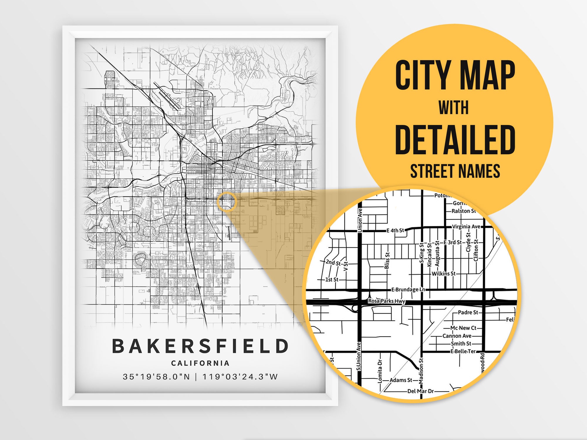 Printable Map of Bakersfield California CA United States - Etsy