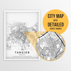 Carte imprimable de Tanger, Maroc avec noms de rues - Téléchargement instantané \ Plan de la ville \ Cadeau de voyage \ Affiche de la ville \ Impression de carte routière \ Art mural