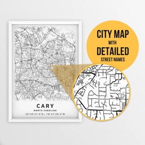 Druckbare Karte von Cary, North Carolina, USA mit Straßennamen - Sofort Download \ City Map \ Travel Gift \ City Poster \ Road Map Print