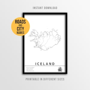 Póster del mapa de Islandia, mapa de carreteras imprimible con nombres de ciudades (descarga instantánea)