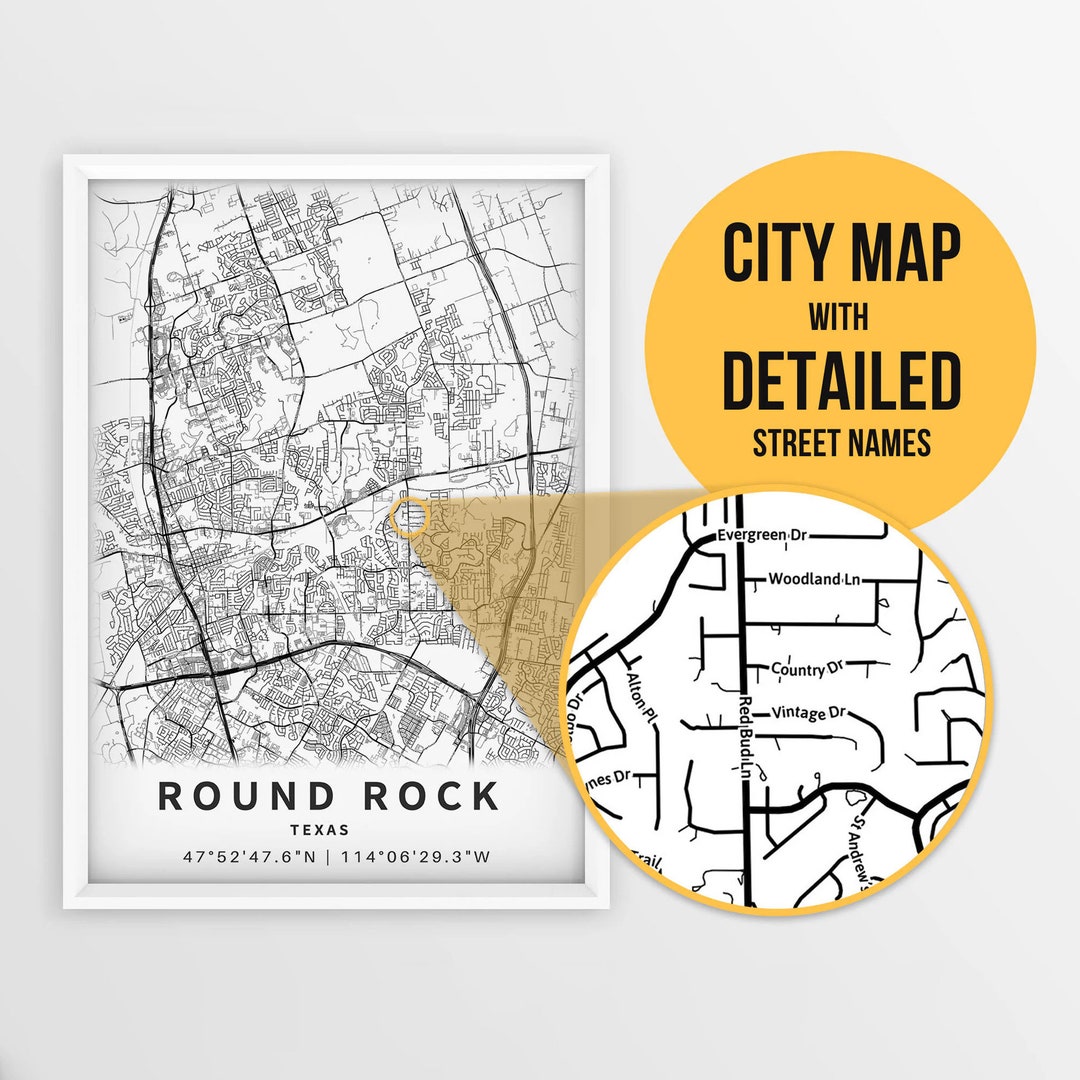 Printable Map of Round Rock, Texas, USA With Street Names Instant Download City Map Travel Gift