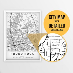 Carte imprimable de Round Rock, Texas, États-Unis avec noms de rues - Téléchargement instantané \ Plan de la ville \ Cadeau de voyage \ Affiche de la ville \ Impression de la carte routière