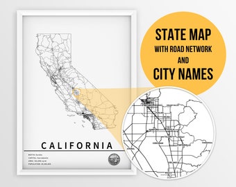 Printable Map of California with city names and roads - Instant Download \ State Map \ Map Art \ Travel Planner \ Pushpin map \ Map Print