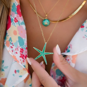 Beach Layer Necklace Starfish Pendant • Green Enamel-MARDI-Greek Island Summer & Sea Lover Gift • Statement Starfish Pendant, Coastal Accent