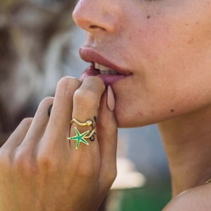 Coastal Ring, Sterling Silver 925 with Green Starfish Enamel Beach Style Jewelry MARDI DESIGNER Greek Summer Ring Exotic Travel Gift image 1