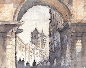 Impression aquarelle de la Plaza Mayor de Madrid | Aquarelle architecturale | Décoration murale | Souvenir d'Espagne