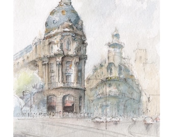 Impression d'art de Madrid | Aquarelle de la métropole de Madrid | Décoration murale | Aquarelle | Aquarelle architecturale | Impression Espagne