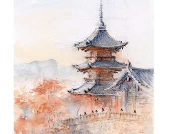 京都清水寺の桜の水彩画 アナムスタジオによる水彩旅行スケッチ - Etsy