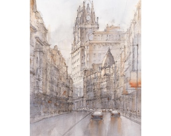 Impression d’art aquarelle Madrid Gran Vía | Art mural | Peinture à l’aquarelle | Aquarelle architecturale | Souvenir d'Espagne
