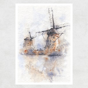 Dutch windmills Watercolor Art Print | Netherlands Watercolor Art | Wall Art | watercolor painting