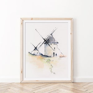 Quixote Windmills Printable Art | Spain Watercolor Art | Wall Art | Watercolor Painting
