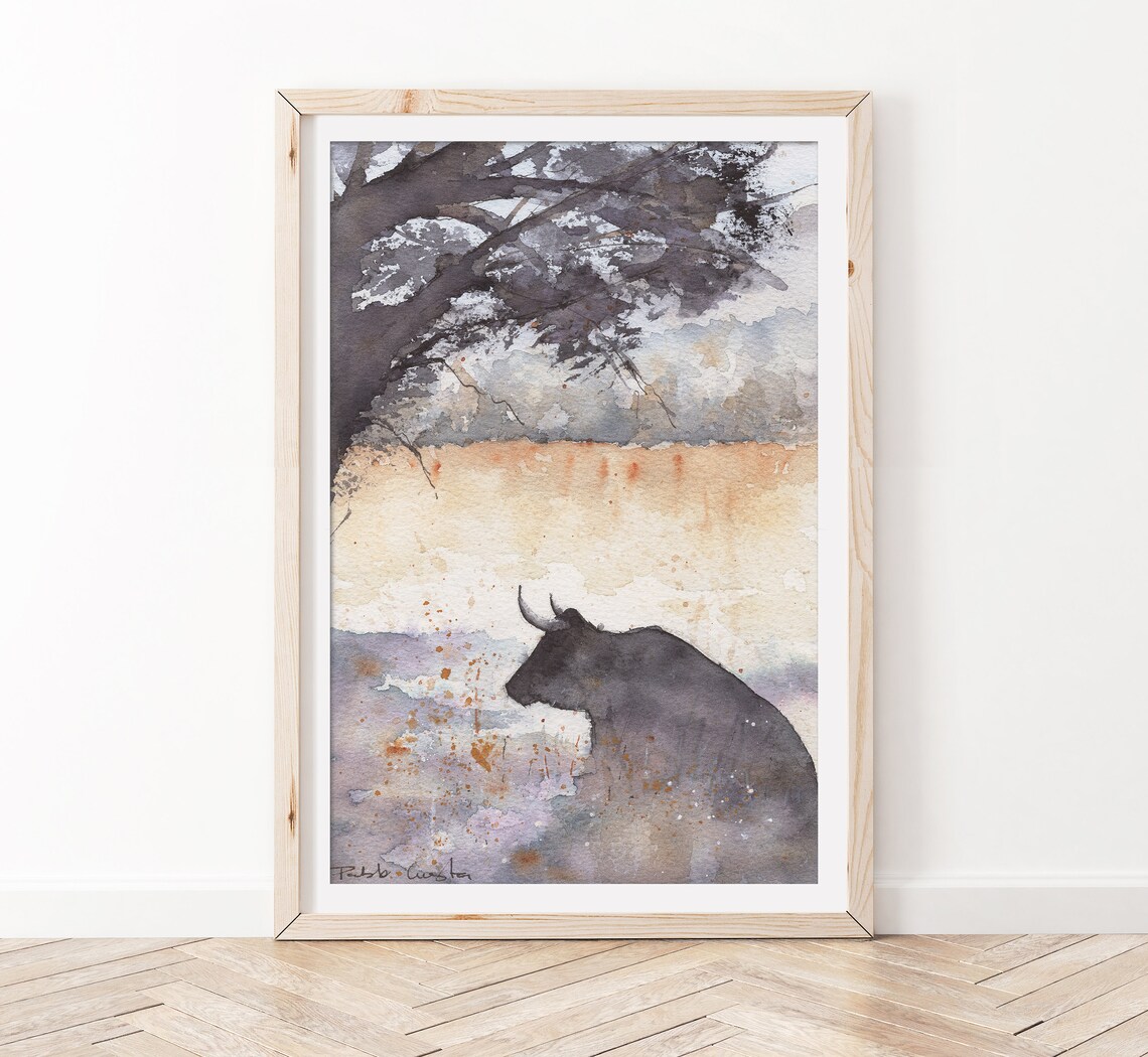 Peaceful Bull Art Print | Spain Watercolor Art | Wall Art | Watercolor ...