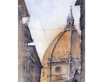 Impression d'aquarelle de Florence | Décoration murale | Aquarelle | Aquarelle architecturale | Santa Maria del Fiori | Impression d'Italie
