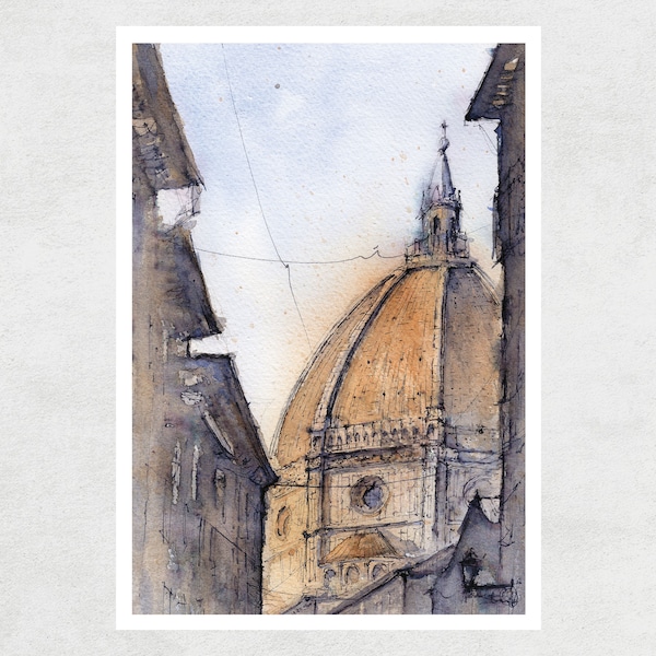 Stampa artistica ad acquerello di Firenze | Arte della parete | Pittura ad acquerello | Acquerello architettonico | Santa Maria dei Fiori | Stampa Italia