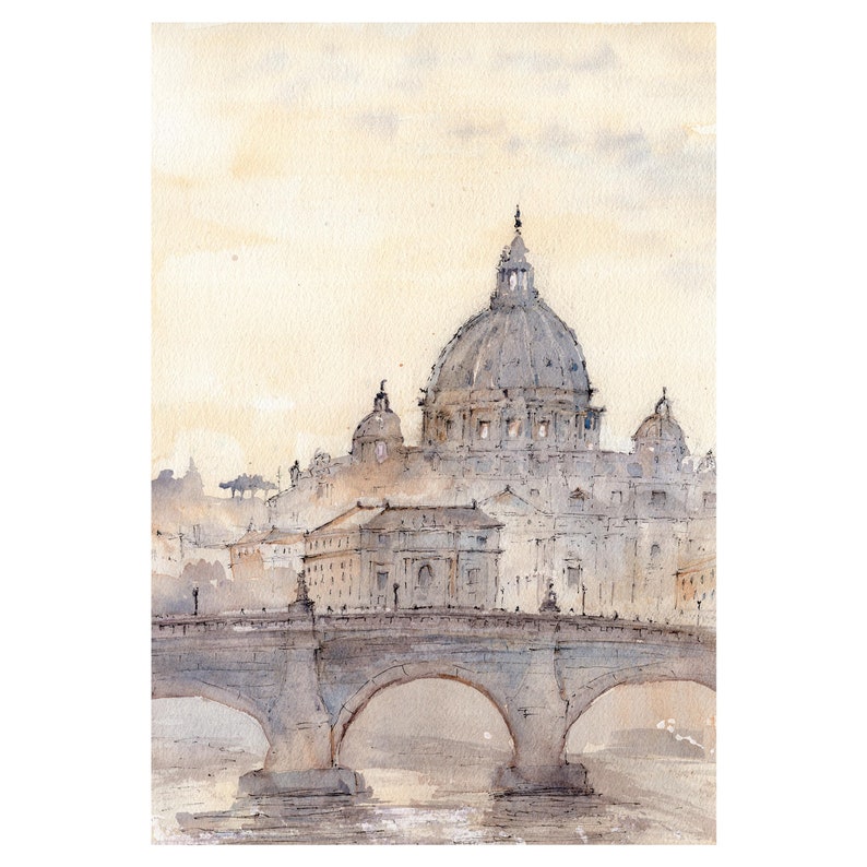 Peut inclure: Une peinture &agrave; l'aquarelle d'un pont au-dessus d'une rivi&egrave;re avec le d&ocirc;me de la basilique Saint-Pierre en arri&egrave;re-plan.