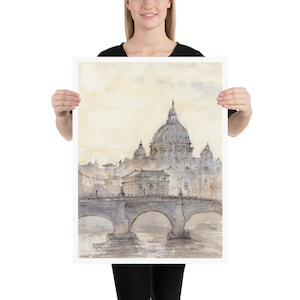 Peut inclure: Une peinture &agrave; l'aquarelle de la basilique Saint-Pierre de Rome, en Italie. La peinture repr&eacute;sente le d&ocirc;me et la fa&ccedil;ade de la basilique, ainsi qu'un pont au premier plan. La peinture est r&eacute;alis&eacute;e dans des tons de gris et de brun, sur un fond jaune clair.