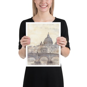 Peut inclure: Une peinture &agrave; l'aquarelle de la basilique Saint-Pierre de Rome, en Italie. La peinture repr&eacute;sente la basilique de loin, avec le d&ocirc;me et la fa&ccedil;ade visibles. La peinture est r&eacute;alis&eacute;e dans des tons de gris et de bleu, sur un fond jaune clair.