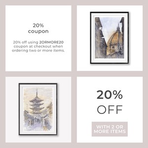 Peut inclure: Un collage de quatre images faisant la promotion d'une r&eacute;duction de 20 % sur deux articles ou plus. L'image en haut &agrave; gauche affiche du texte qui se lit comme suit : &laquo;&nbsp;20 % de r&eacute;duction&nbsp;&raquo; et &laquo;&nbsp;20 % de r&eacute;duction en utilisant le code 20RMORE20 au moment du paiement lorsque vous commandez deux articles ou plus&nbsp;&raquo;. L'image en haut &agrave; droite montre une peinture &agrave; l'aquarelle d'un b&acirc;timent avec un d&ocirc;me. L'image en bas &agrave; gauche montre une peinture &agrave; l'aquarelle d'une pagode. L'image en bas &agrave; droite affiche du texte qui se lit comme suit : &laquo;&nbsp;20 % de r&eacute;duction&nbsp;&raquo; et &laquo;&nbsp;POUR 2 ARTICLES OU PLUS&nbsp;&raquo;.