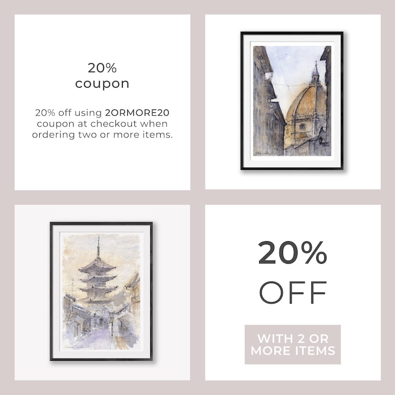 Peut inclure: Un collage de quatre images faisant la promotion d'une r&eacute;duction de 20 % sur deux articles ou plus. L'image en haut &agrave; gauche affiche du texte qui se lit comme suit : &laquo;&nbsp;20 % de r&eacute;duction&nbsp;&raquo; et &laquo;&nbsp;20 % de r&eacute;duction en utilisant le code 20RMORE20 au moment du paiement lorsque vous commandez deux articles ou plus&nbsp;&raquo;. L'image en haut &agrave; droite montre une peinture &agrave; l'aquarelle d'un b&acirc;timent avec un d&ocirc;me. L'image en bas &agrave; gauche montre une peinture &agrave; l'aquarelle d'une pagode. L'image en bas &agrave; droite affiche du texte qui se lit comme suit : &laquo;&nbsp;20 % de r&eacute;duction&nbsp;&raquo; et &laquo;&nbsp;POUR 2 ARTICLES OU PLUS&nbsp;&raquo;.