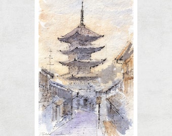 Kyoto Streets Art Print | Japan Watercolor Art | Travel Wall Art | Watercolor Painting | Architectural Watercolor