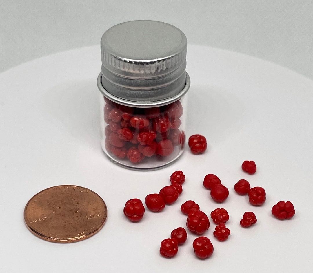100 Miniature Raspberries in Glass Jar Miniature Fruit Dollhouse, Mini
